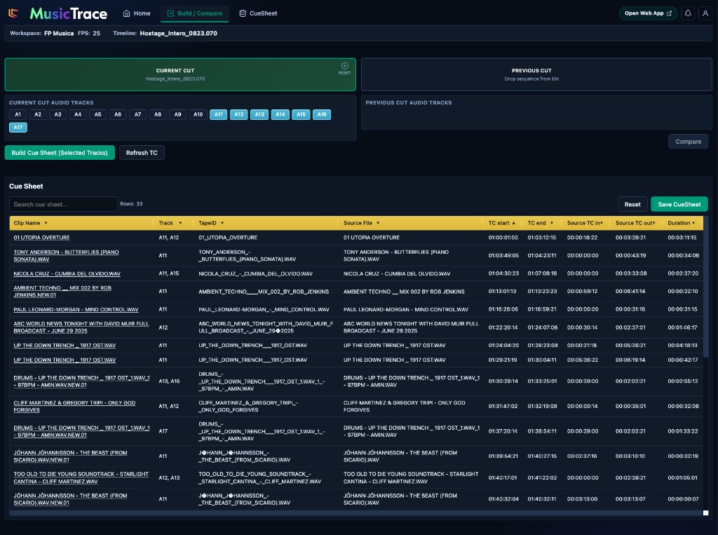MusicTrace Build and Compare view showing audio track selection and timeline comparison