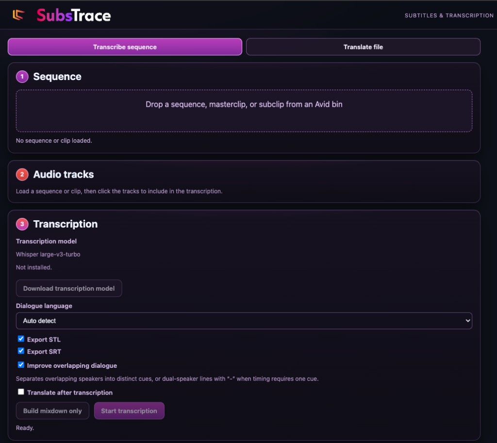SubsTrace transcription workflow showing sequence selection, audio tracks, and subtitle export settings