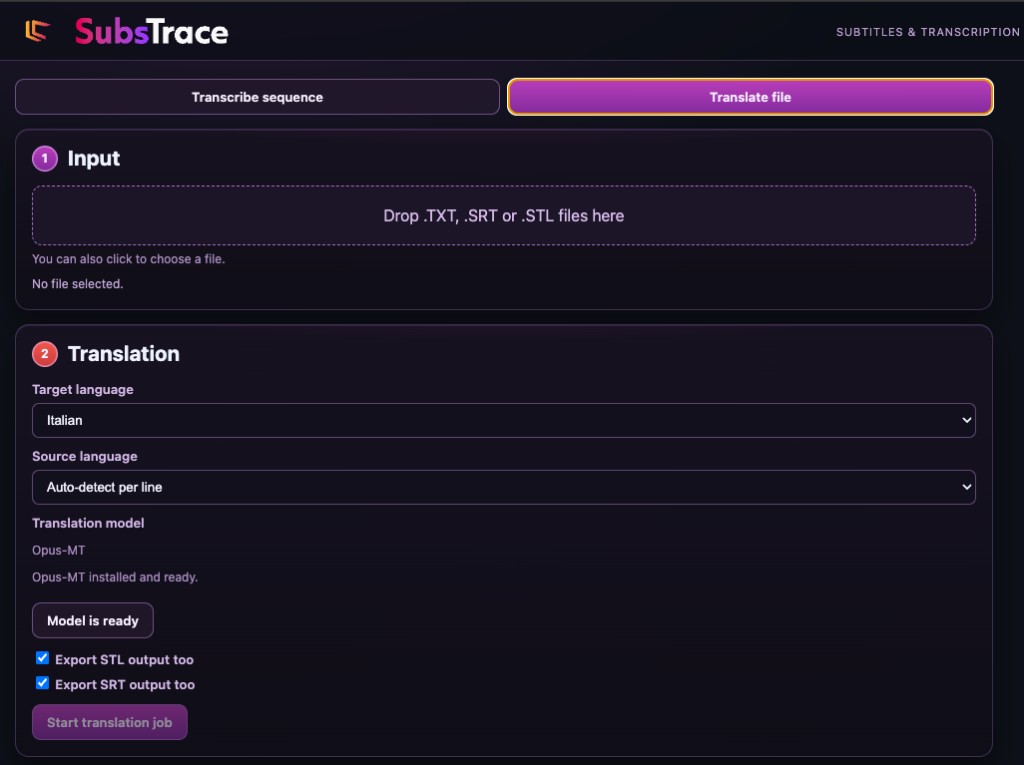 SubsTrace translation workflow showing subtitle file input, language selection, and export settings