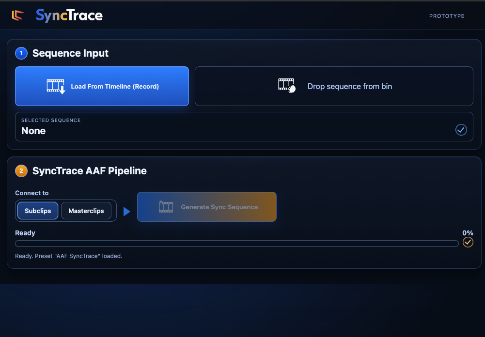 SyncTrace interface showing sequence input and the AAF sync pipeline